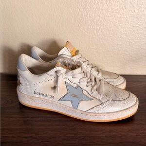 Golden Goose White Leather Sneakers with Light Blue Heel and Gold Tongue Tab